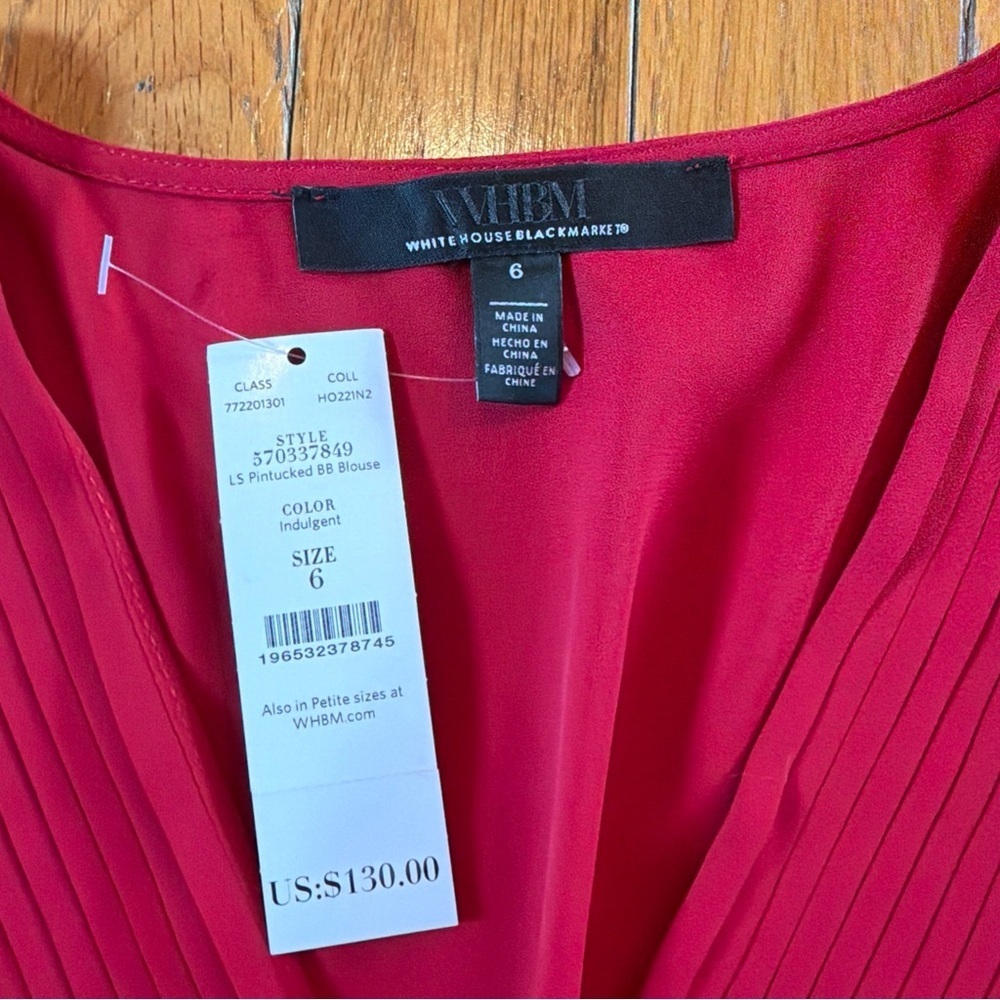 New NWT White House Black Market WHBM Long Sleeve Pintucked Blouse Dark Red Sz 6 - Picture 6 of 8